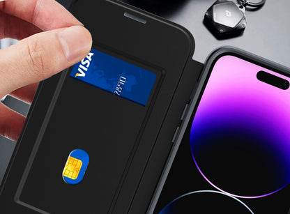 For Apple iPhone 16 (6.1") Flap Wallet Case Credit Card Slot, Clear TPU Back Hard [Magnetic Circle] Compatible with Magsafe Case Cover Black