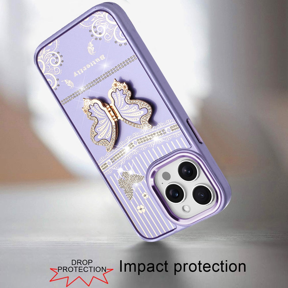 For Apple iPhone 13 Pro Max Glitter 3D Butterfly Design Bling Metallic Edge Hybrid Stand Drop Protection TPU Shockproof Case Cover Dark Purple