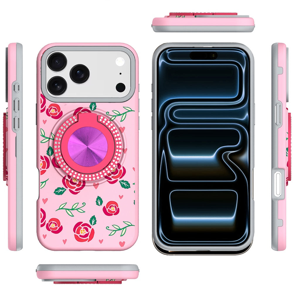 For Apple iPhone 17 Pro Max Pattern Design Hybrid with Invisible Ring Stand & Magnetic Back, Shockproof Protective Grip Case Cover