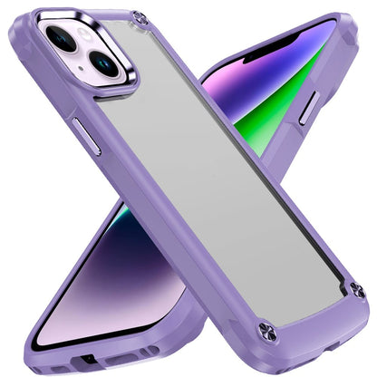 For iPhone 14/13 (6.1") Hybrid Transparent Rubber with Metal Buttons & Camera Edges Hard TPU Corner Frame Bumper Case Cover Light Purple
