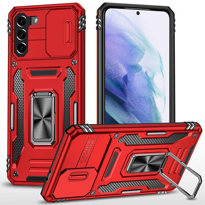 For Samsung Galaxy S21 Tough Hybrid Case with Movable Camera Window & Metal Ring Stand Shockproof Case Cover