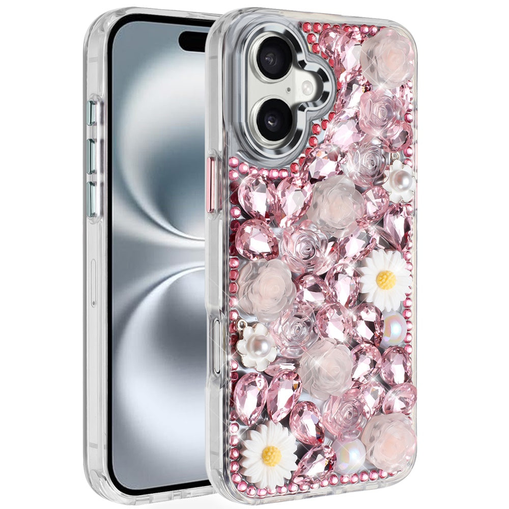 For Apple iPhone 13 Pro Max Fashion Daisy Floral Series, Full 3D Bling Crystal Diamonds Sparkling Rhinestone Glitter Hybrid Design Case Cover Pink