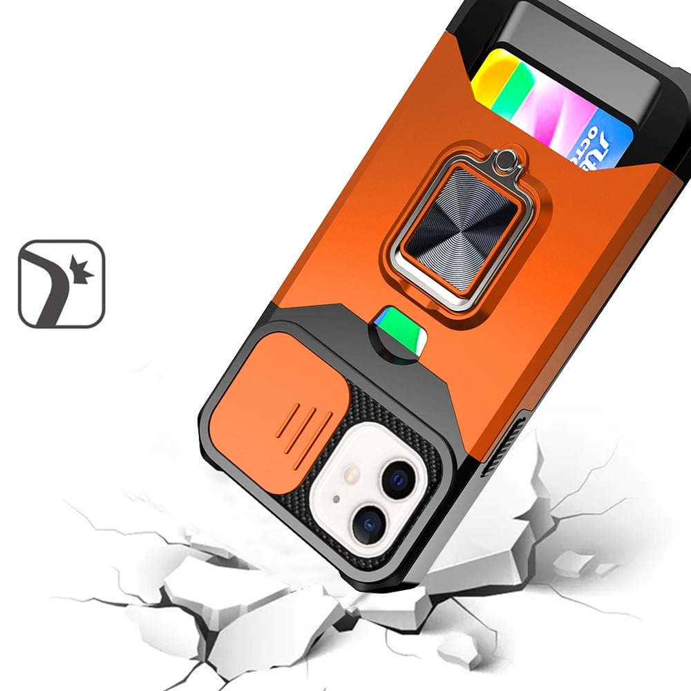 For iPhone 12 / iPhone 12 Pro (6.1") Wallet Case with Ring Stand & Slide Camera Cover Back Credit Card Slot Holder, Military Grade Case Cover Cosmic Orange