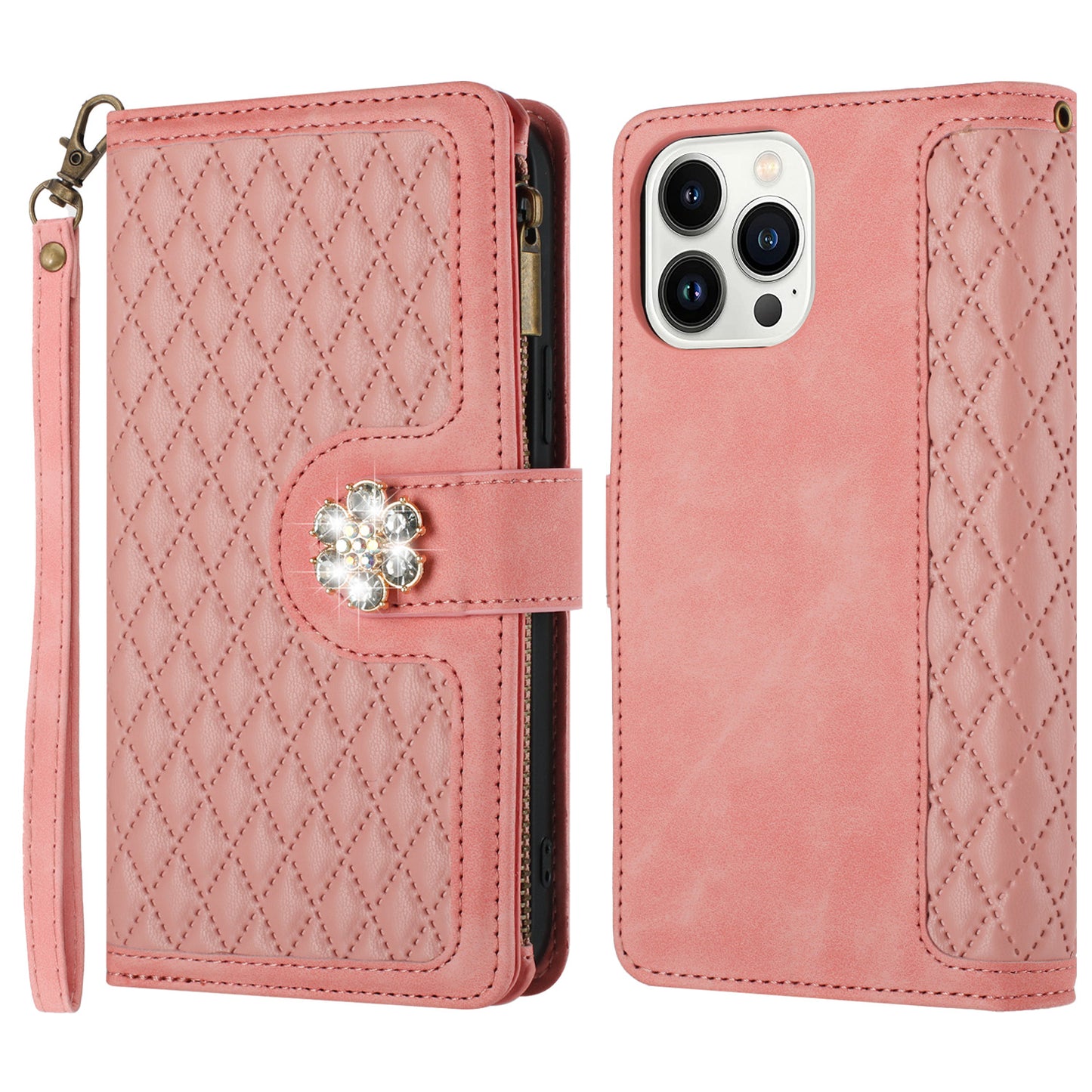 For Apple iPhone 16 (6.1") PU Leather Wallet Design Jewel Bling with Credit Card Holder Flip Folio Pouch Zipper Purse Wrist Strap Case Cover