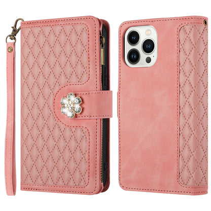 For Apple iPhone 16 Plus (6.7") PU Leather Wallet Design Jewel Bling with Credit Card Holder Flip Folio Pouch Zipper Purse Wrist Strap Case Cover