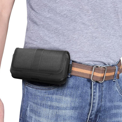For Apple iPhone 16 Pro (6.3") Universal Horizontal Nylon Phone Case Carrying Pouch Cover with Card Storage Pocket & Belt Clip Loop Holster Front Grip [Black]