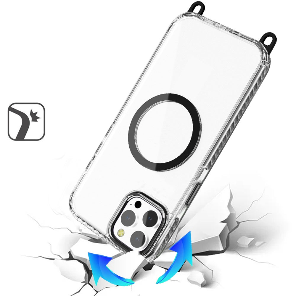 For Apple iPhone 11 Pro Max Clear Magnetic Frame PC Back Shockproof Protective Case with Detachable Lanyard Strap, Compatible with MagSafe Case Cover Black