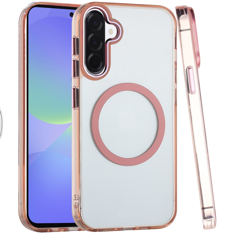 For Samsung Galaxy A37 Transparent Back Hybrid Case - Magnetic Circle, Color Frame, Metal Buttons, MagSafe Compatible Case Cover Rose Gold