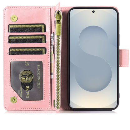 For Samsung Galaxy S25 EDGE Leather Wallet Case with Zipper, 9 Card Slots, Cash Pocket, Stand & Strap, Clutch Pouch Design Case Cover Rose Gold