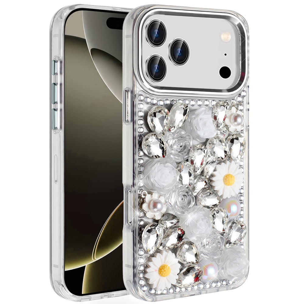 Phone Case for Apple iPhone 17 Pro Max (6.9") Full Bling Rhinestone Glitter Floral Luxury Hybrid Shockproof Stylish Sparkling Protective Designer Ornament Cover White