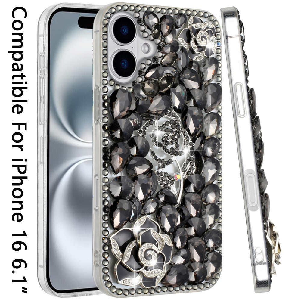 For Apple iPhone 16 Pro (6.3") Bling Crystal 3D Full Diamonds Luxury Sparkle Rhinestone Hybrid Protective Case Cover