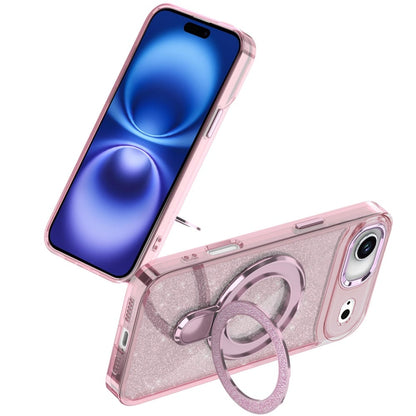 For Apple iPhone 17 Air (6.6") Transparent Glitter Bling Case with Rotating Magnetic Ring Stand, Shockproof Hybrid Case Cover Light Pink