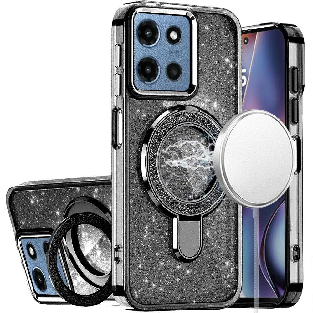 For Motorola Moto G Stylus 5G 2026 /2025 Transparent Glitter Bling Case with Rotating Magnetic Ring Stand, Shockproof Hybrid Case Cover Cosmic Orange