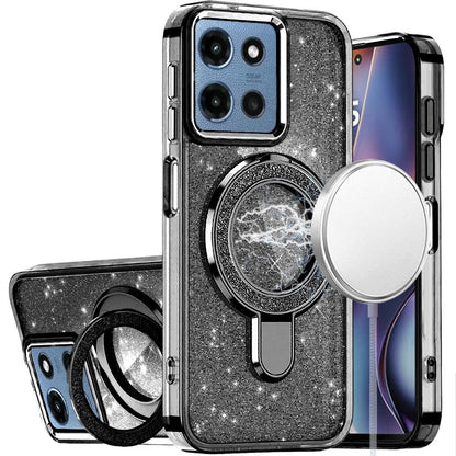 For Motorola Moto G Stylus 5G 2026 /2025 Transparent Glitter Bling Case with Rotating Magnetic Ring Stand, Shockproof Hybrid Case Cover Cosmic Orange