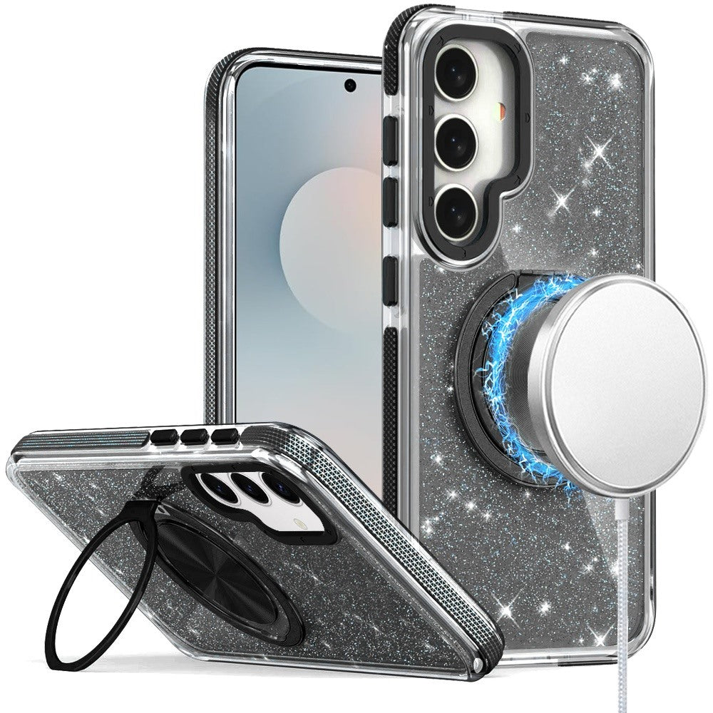 For Samsung Galaxy S25 FE /S25 Fan Edition Slim Bling Glitter Sparkly Shimmer Hybrid with Magnetic Ring and 360° Rotational Stand [Compatible with Magsafe] Case Cover Black