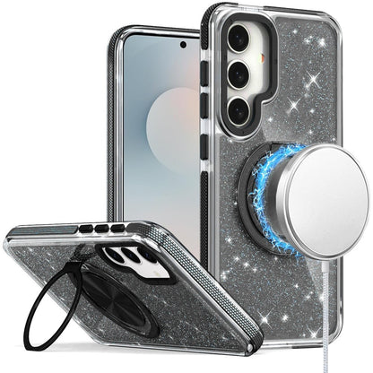 For Samsung Galaxy S25 FE /S25 Fan Edition Slim Bling Glitter Sparkly Shimmer Hybrid with Magnetic Ring and 360° Rotational Stand [Compatible with Magsafe] Case Cover Black