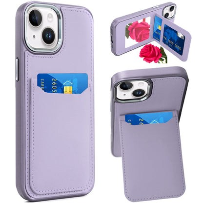 For Apple iPhone 12 /12 Pro PU Leather Wallet Cover with Credit Card Holder, Kickstand & Mirror Inside Slim Fit TPU & PC Hybrid Design Case Cover