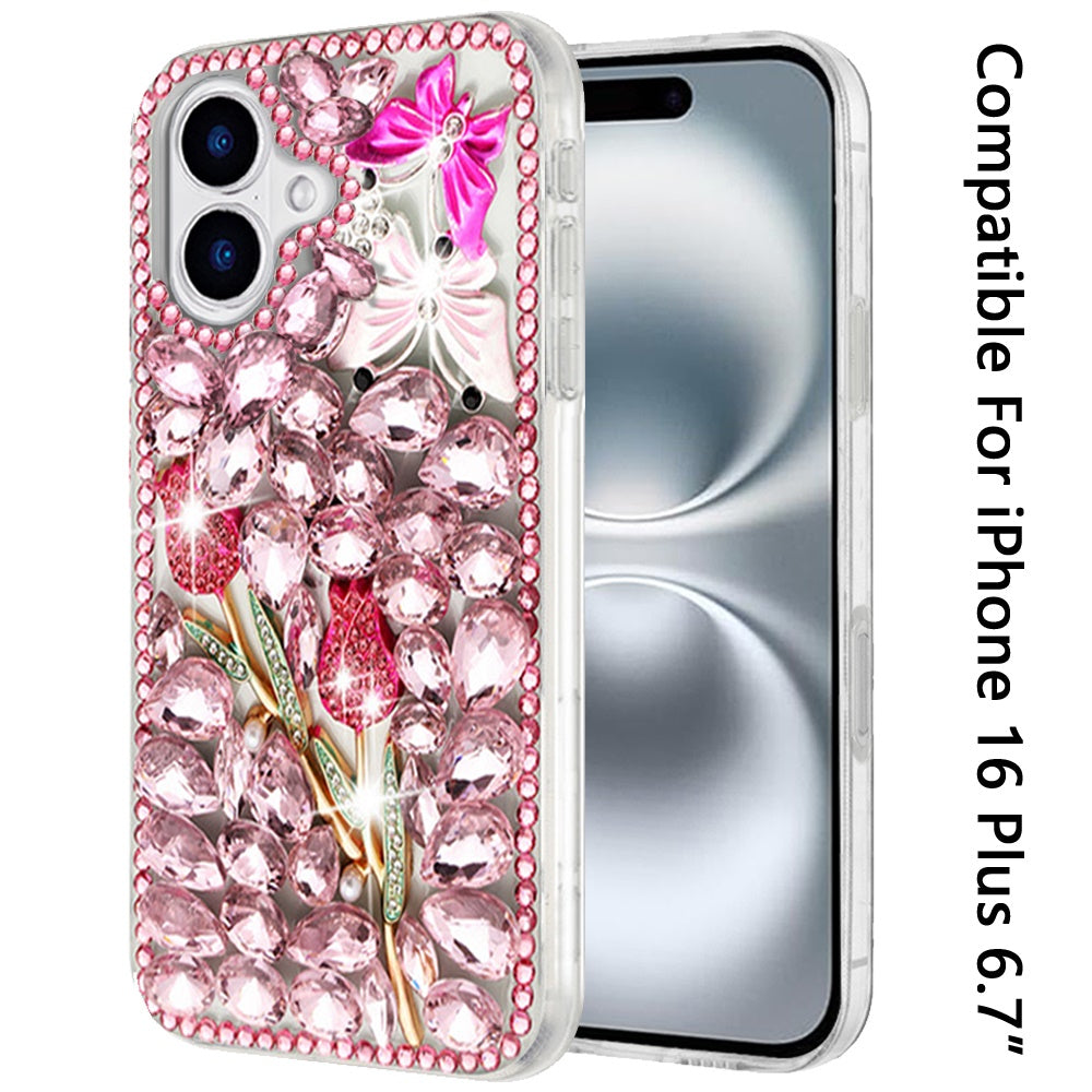 For Apple iPhone 16 Plus (6.7") Bling Crystal 3D Full Diamonds Luxury Sparkle Rhinestone Hybrid Protective Case Cover