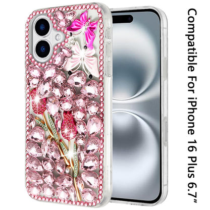 For Apple iPhone 16 Plus (6.7") Bling Crystal 3D Full Diamonds Luxury Sparkle Rhinestone Hybrid Protective Case Cover