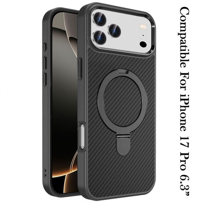 For Apple iPhone 17 Pro (6.3") Hybrid Carbon Fiber Design with MagSafe Compatible [Magnetic Circle], Ring Stand Shockproof Slim TPU Case Cover