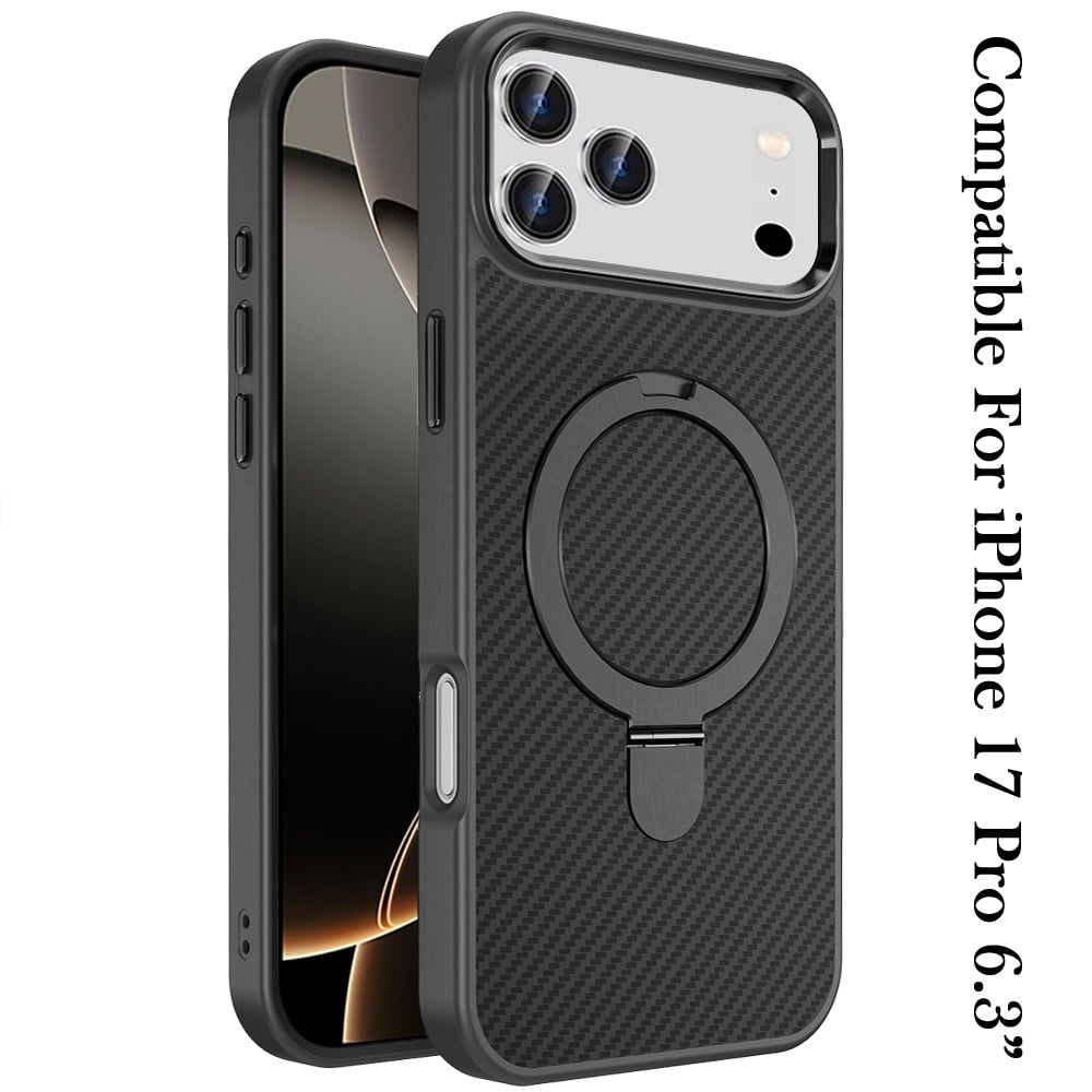 For Apple iPhone 17 Pro (6.3") Hybrid Carbon Fiber Design with MagSafe Compatible [Magnetic Circle], Ring Stand Shockproof Slim TPU Case Cover