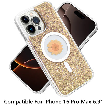 For Apple iPhone 16 Pro Max (6.9") Magnetic Circle MagSafe Wireless Compatible Epoxy Glitter Flower Shiny Sparkle Bling Hybrid Slim TPU Case Cover