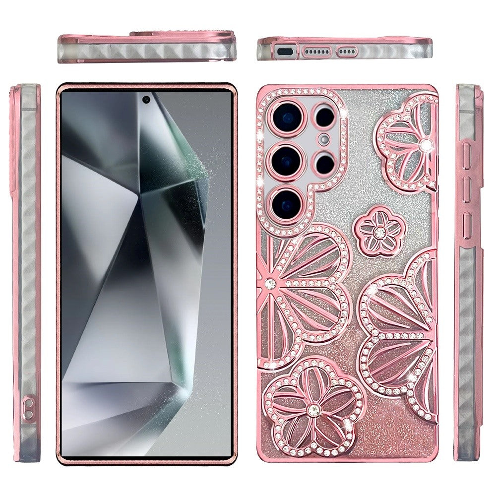 For Samsung Galaxy S24 Ultra Luxury Flower Design Sparkle Glitter Diamond Rhinestone Shimmer Bling Plating Thick TPU Hard PC Case Cover