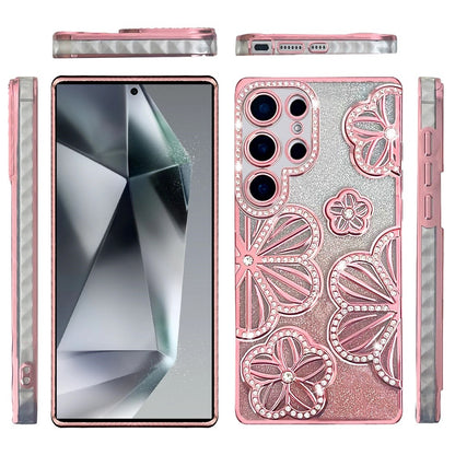 For Samsung Galaxy S24 Ultra Luxury Flower Design Sparkle Glitter Diamond Rhinestone Shimmer Bling Plating Thick TPU Hard PC Case Cover