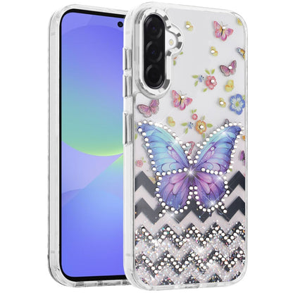 For Samsung Galaxy A37 Butterfly Resin Epoxy Diamond Design Metal Edged Hybrid Shockproof Heavy Duty Drop Protection Case Cover