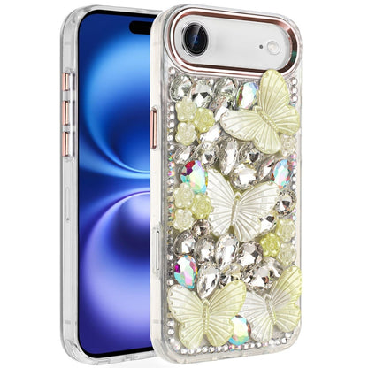 For Apple iPhone 17 Air (6.6") 3D Diamond Floral Butterfly Bling Stone Hybrid, Sparkly Rhinestone Gemstone Back Shockproof Case Cover