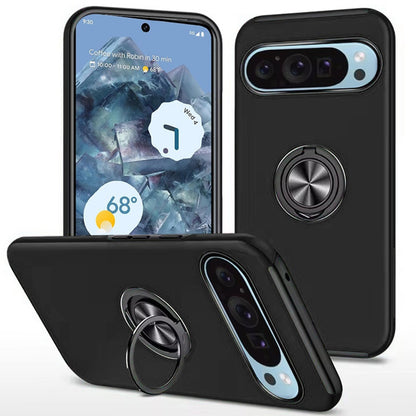 For Google Pixel 9 Pro XL Hybrid 360 Degree Rotatable Metal Invisible Ring Stand Holder Slim Fit Magnetic Car Mount Shockproof Case Cover Black