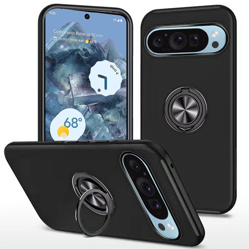 For Google Pixel 9 Pro XL Hybrid 360 Degree Rotatable Metal Invisible Ring Stand Holder Slim Fit Magnetic Car Mount Shockproof Case Cover Silver