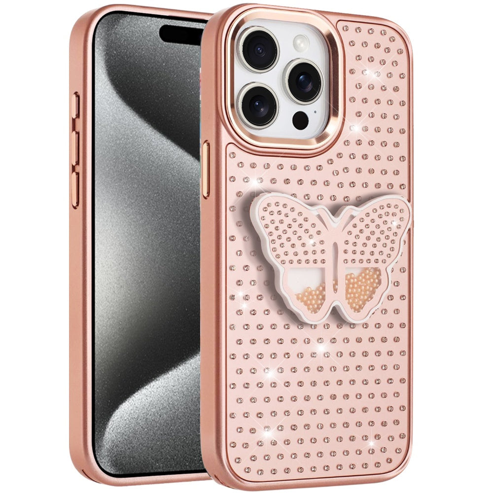 For Apple iPhone 13 Pro Max Butterfly Moveable Grip 3D Pop Stand Full Diamond Bling Sparkling TPU Fashion Hybrid Case Cover