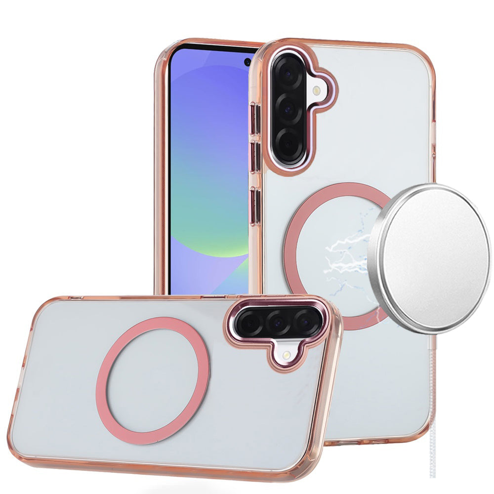 For Samsung Galaxy A37 Transparent Back Hybrid Case - Magnetic Circle, Color Frame, Metal Buttons, MagSafe Compatible Case Cover Rose Gold