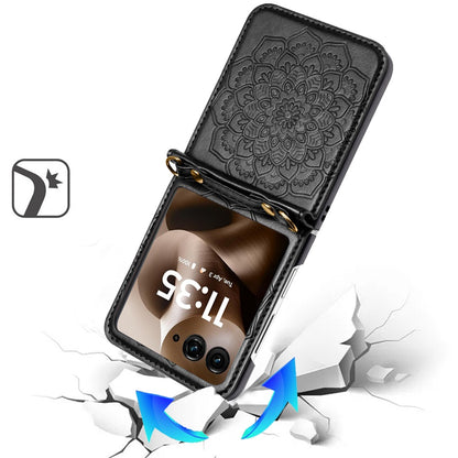 For Samsung Galaxy Z Flip 7 FE Embossed Floral PU Leather Henna Mandala Design Flip Cover with Strap, Hybrid Protective Case Cover Black