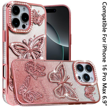 Phone Case for Apple iPhone 16 Pro Max Butterfly Freedom Shimmer Glitter Thick TPU Shockproof Anti Slip Durable Protective Design Cover