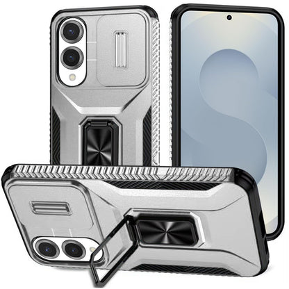 For Samsung Galaxy S25 EDGE Case, Camera Cover with Magnetic Rotation Ring Stand, Military Grade Hybrid Hard TPU Shockproof Case Cover Silver