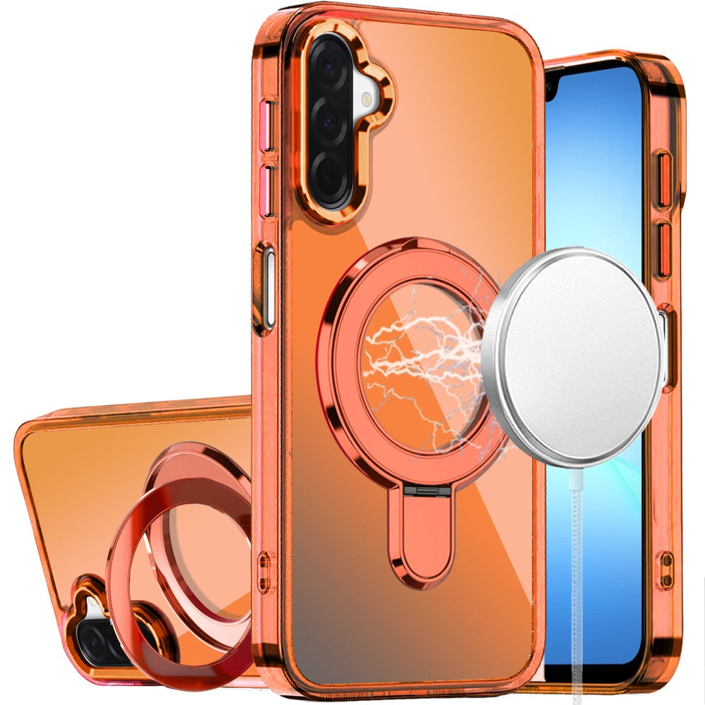 For Samsung Galaxy A17 5G Chrome Hybrid with Rotating Magnetic Circle Ring Stand, Slim Shockproof Hybrid Case Cover Cosmic Orange