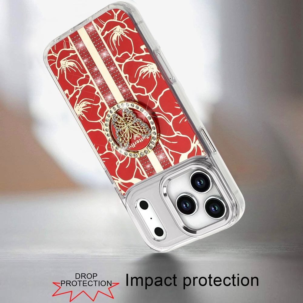For Apple iPhone 17 Pro Max (6.9") Diamonds 3D Butterfly Floral Design Bling Sparkly Glitter Hybrid Metal Fashion with Ring Stand Case Cover