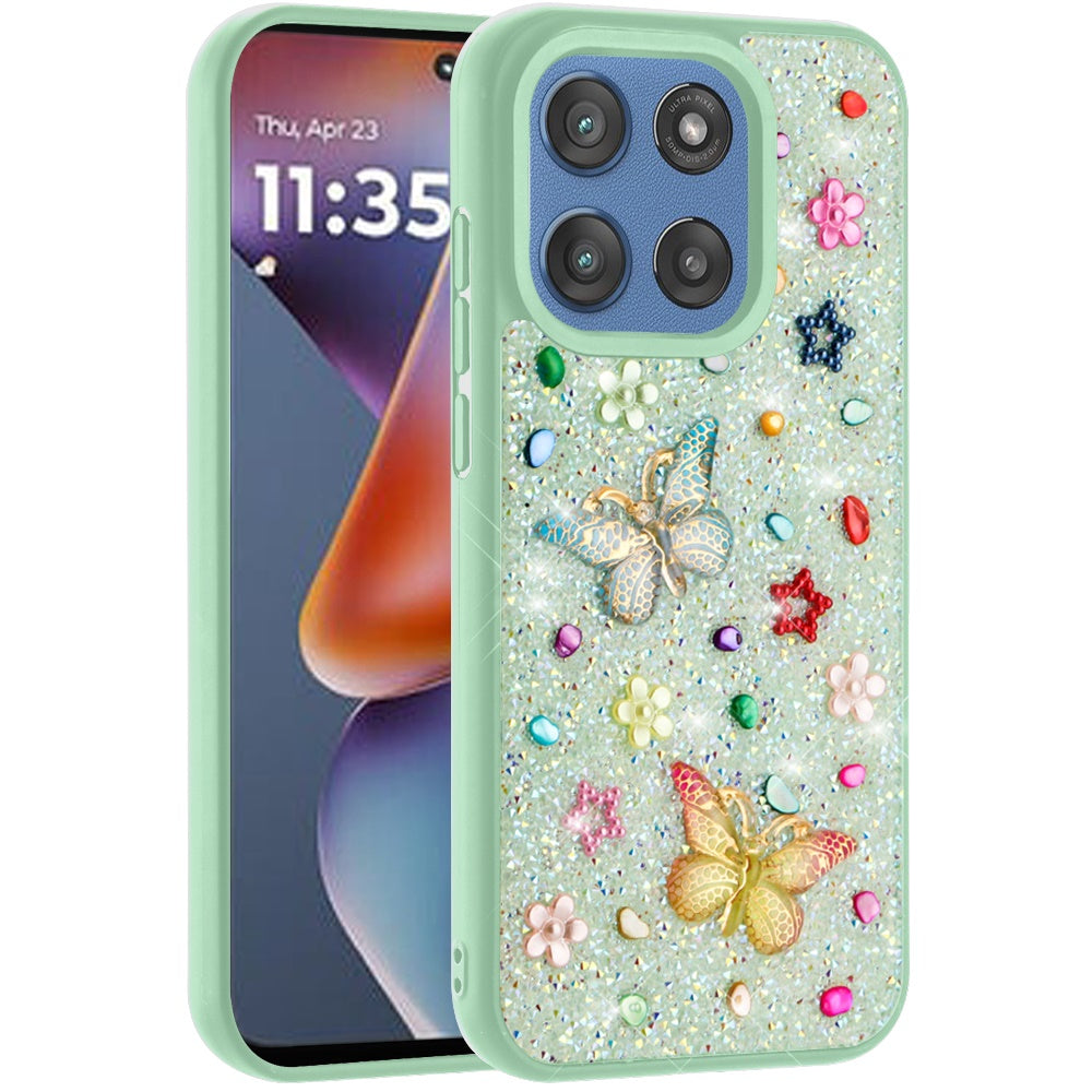 For Motorola Moto G 5G 2025 Diamond Butterfly 3D Glitter Bling Design, Slim Hybrid Sparkle Protective Cover TPU for Women Girls Case Cover Teal