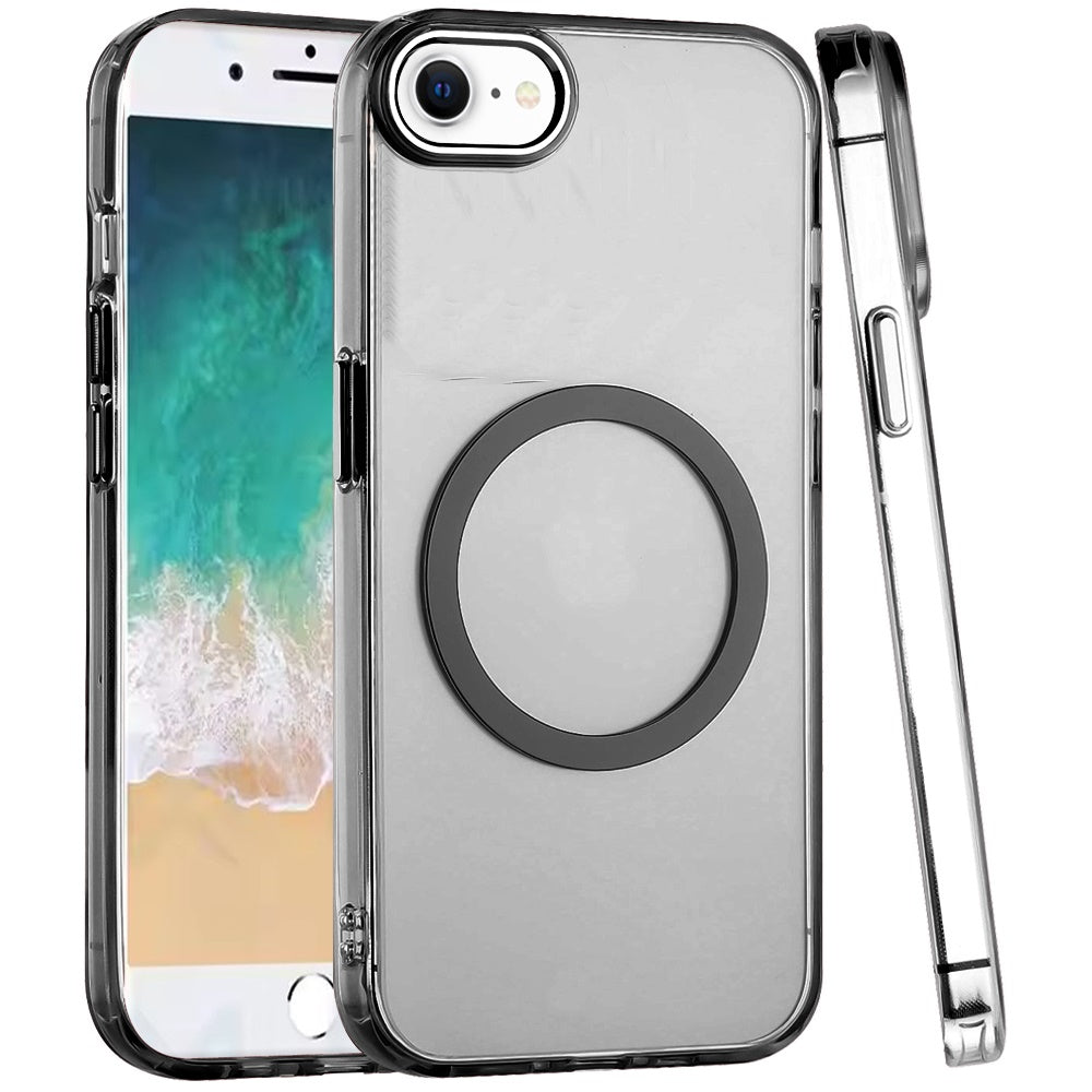 For Apple iPhone SE 4 Transparent Back Hybrid Case - Magnetic Circle, Color Frame, Metal Buttons, MagSafe Compatible Case Cover