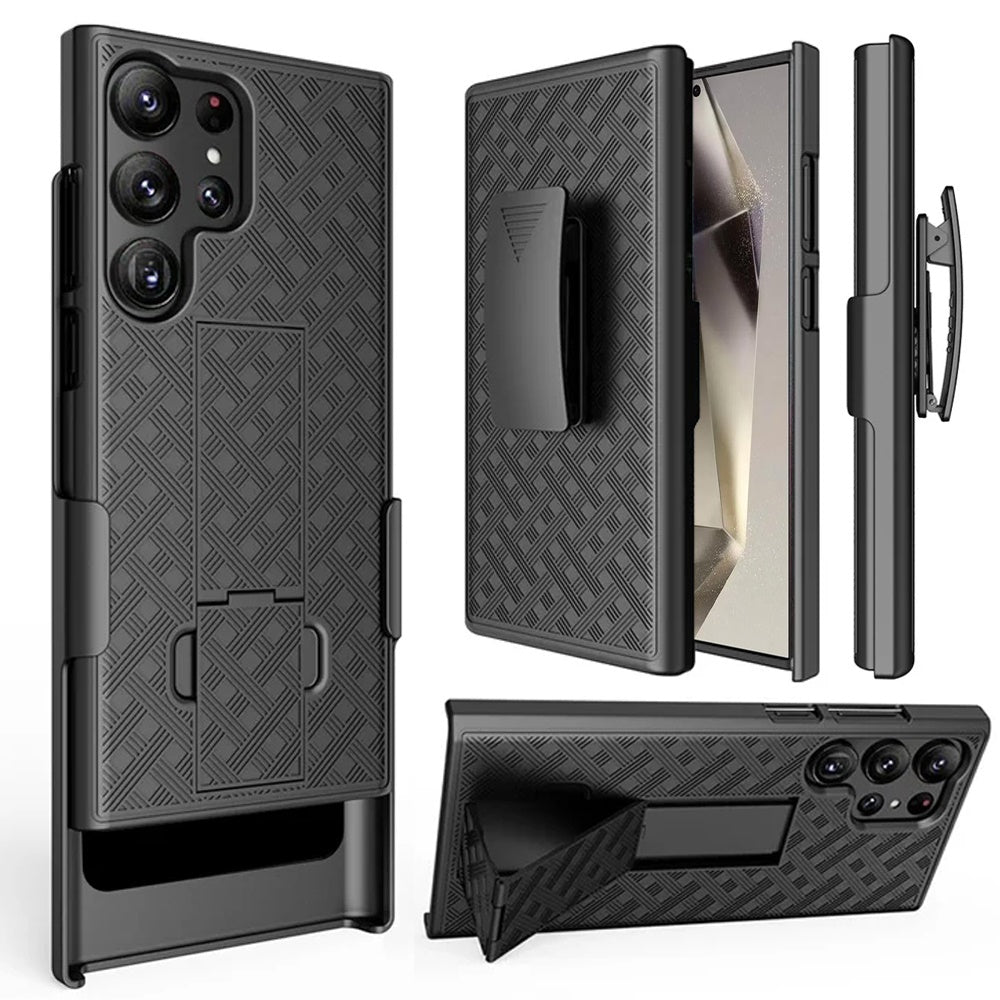 For Samsung Galaxy S25 Ultra Hybrid Slim 3-in-1 Shockproof Armor with Kickstand Holster Combo & Swivel Belt Clip Case Cover Black