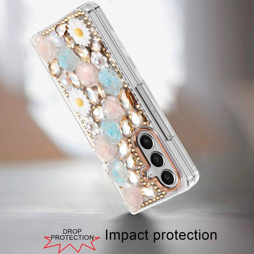 For Samsung Galaxy Z Fold 7 Fashion Daisy Floral Series, Full 3D Bling Crystal Diamonds Sparkling Rhinestone Glitter Hybrid Design Case Cover