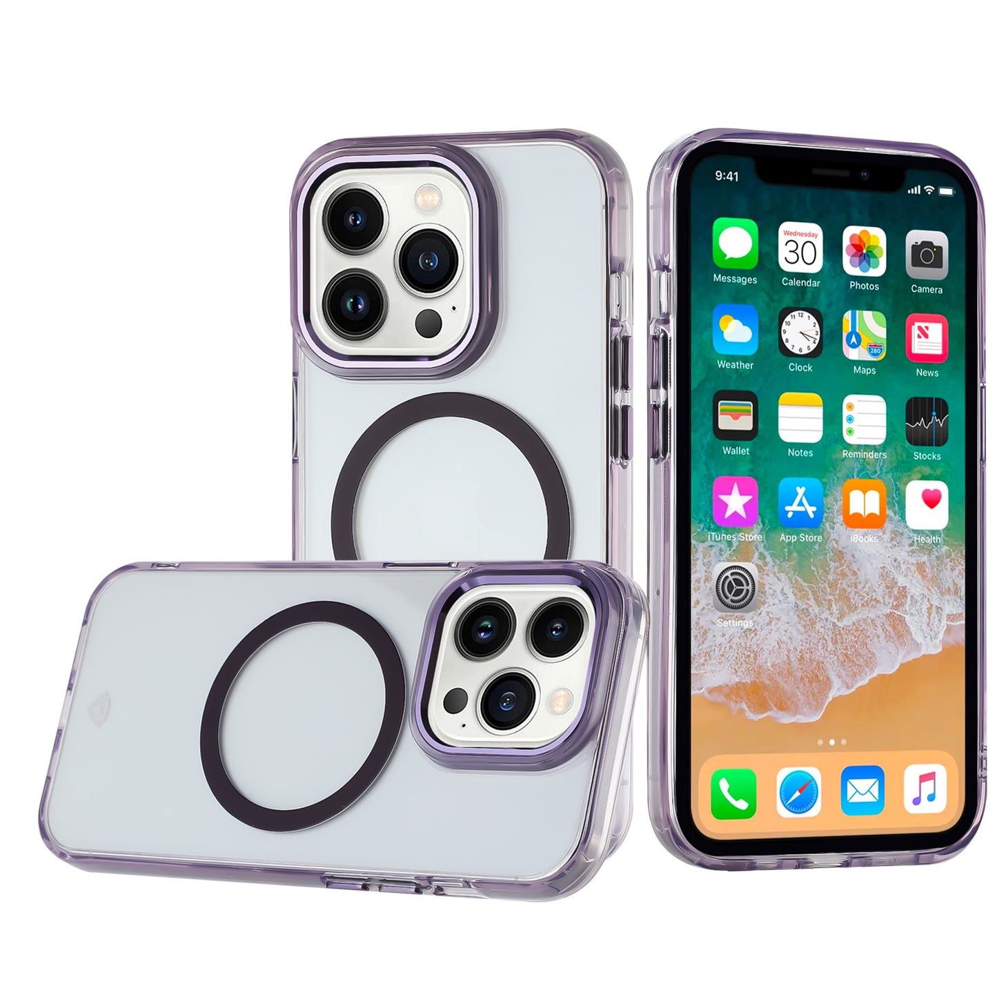 For Apple iPhone 16 (6.1") Transparent Back Hybrid Case - Magnetic Circle, Color Frame, Metal Buttons, MagSafe Compatible Case Cover Light Purple