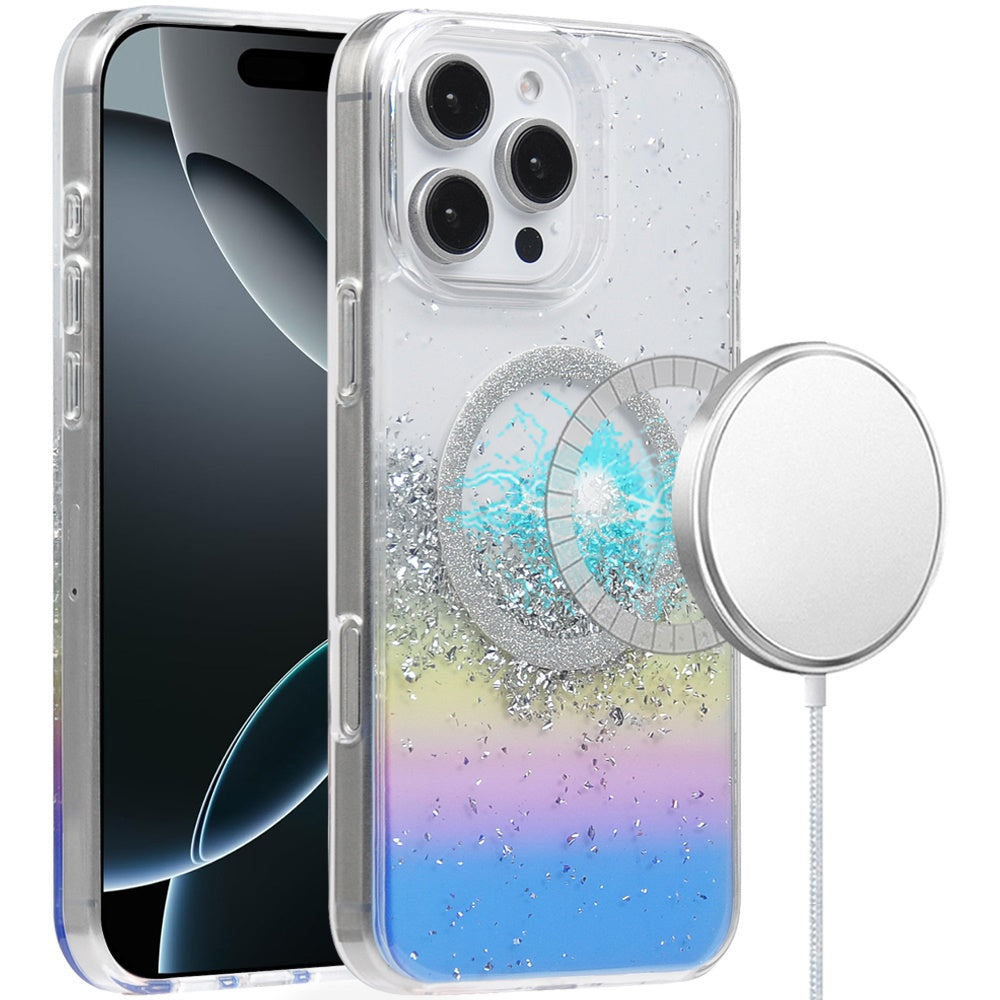 For Apple iPhone 16 Pro Glitter Epoxy Magnetic Hybrid Shockproof Protection Clear Back Secure Grip Stylish Durable Design Case Cover Colorful