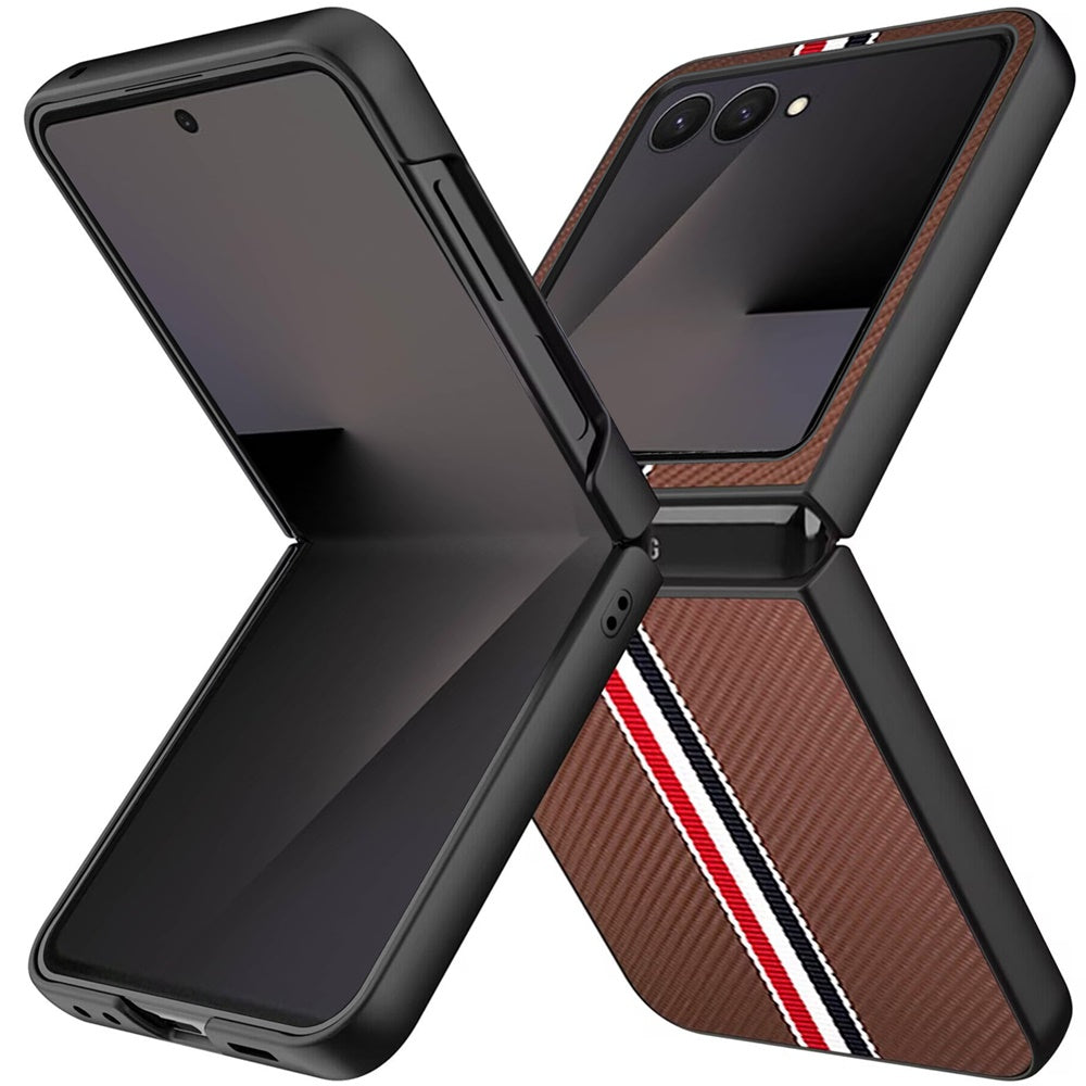 For Samsung Galaxy Z Flip 7 Velvet Fabric PU Vegan Leather, Premium Flip Design, Slim Snap-On Hard PC + TPU Case Cover Brown