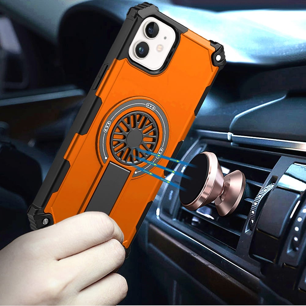 For iPhone 12 / iPhone 12 Pro (6.1") Texture Design Invisible Kickstand Case, MagSafe Compatible Hybrid Shockproof Cover, Car Mount Friendly Case Cover Cosmic Orange