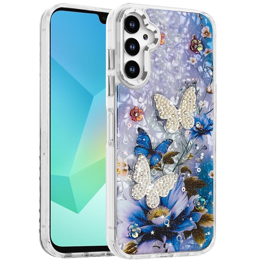 For Apple iPhone 17E /16E Epoxy Glitter Flowers Bling 3D Butterfly Fashion TPU Hybrid with Shockproof Protection Case Cover