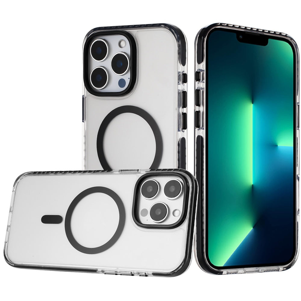 For Apple iPhone 14 /13 Transparent Hybrid with Color-Matched Magnetic Circle, Rubber TPU Frame Hard PC Shockproof Case Cover