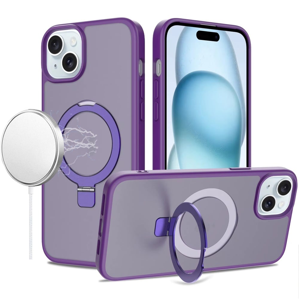 For iPhone 15 (6.1") Magnetic Circle Back with Ring Stand Full Rotation Matte Hybrid Shockproof Case Cover Dark Purple